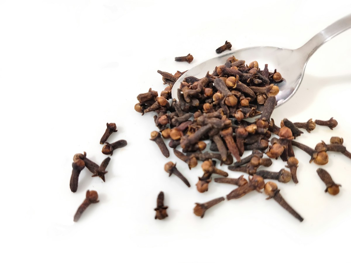 Whole dried cloves with characteristic bud and stem shape