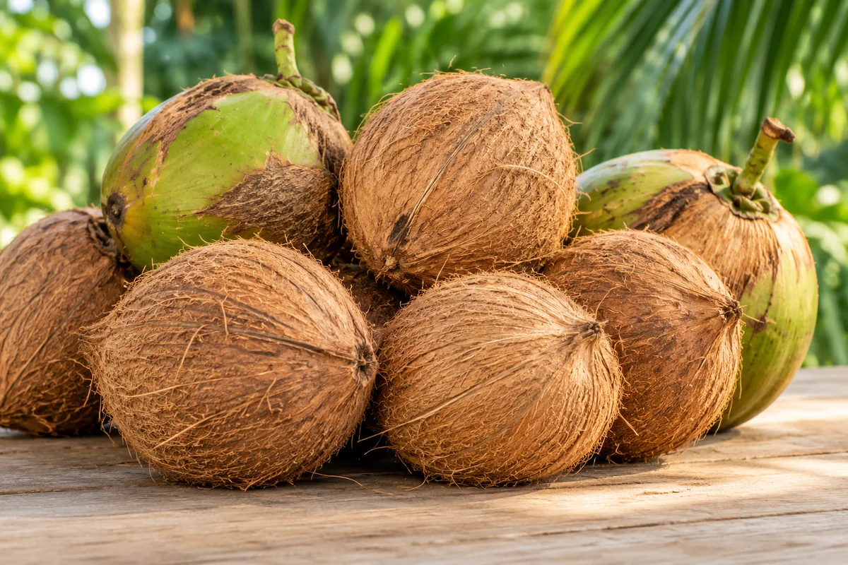Mature husked and semi-husked coconuts