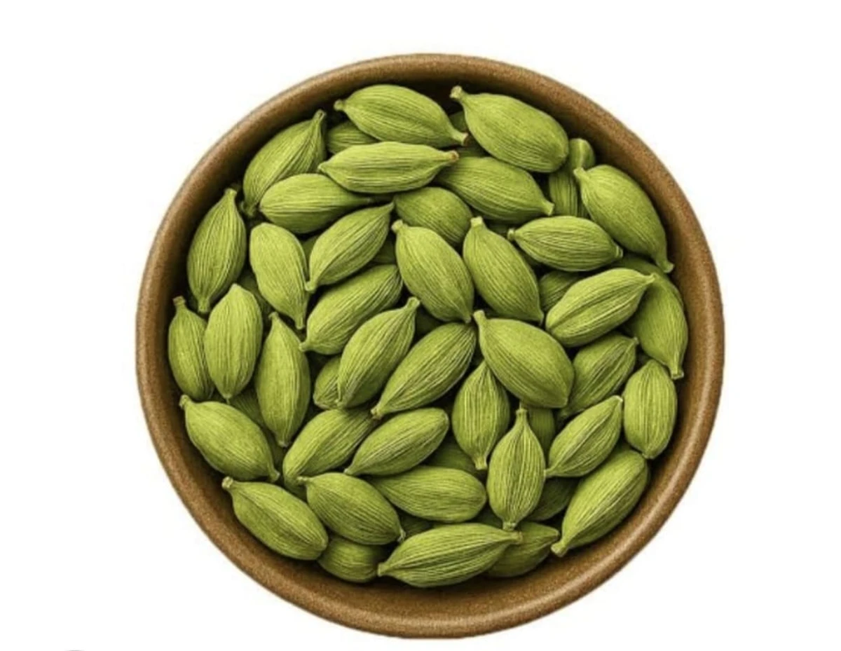 Whole green cardamom pods with ridged shells