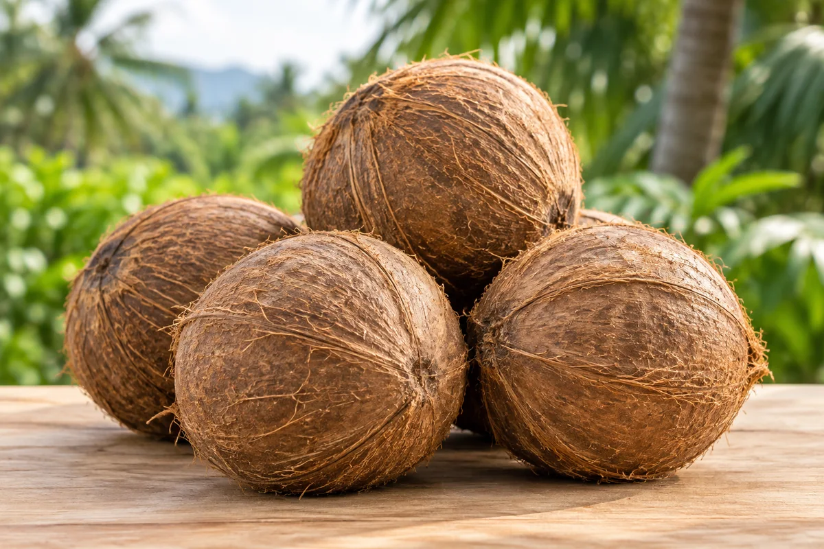 Mature husked coconuts with natural brown coconut fibre