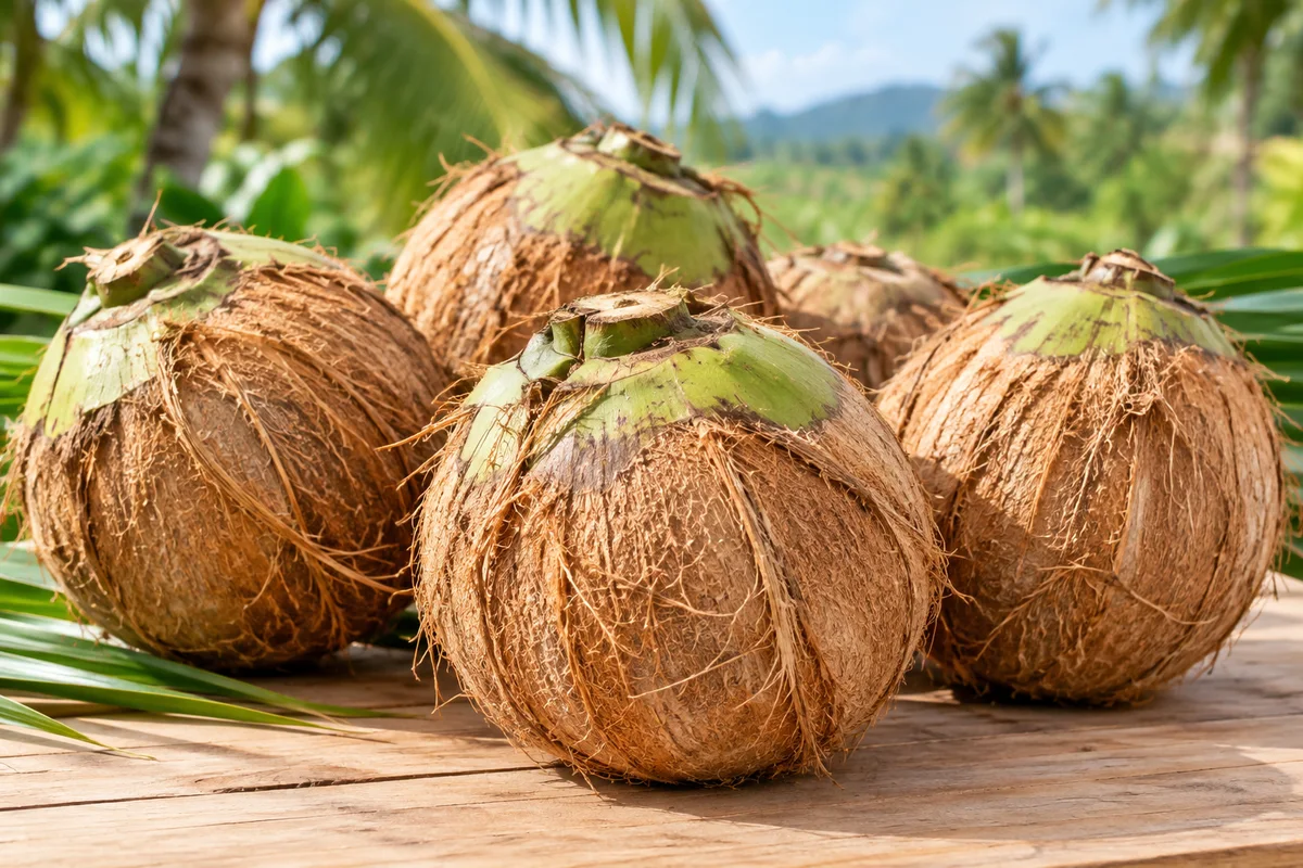 Mature semi-husked coconuts with natural fibre still attached